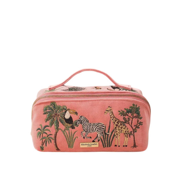 Elizabeth Scarlett Velvet Cosmetic Bag Pink Animals Бархатная косметичка, розовая с животными