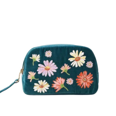 Elizabeth Scarlett Velvet Cosmetic Bag mini Green Flowers Бархатная косметичка мини, зеленая с цветами