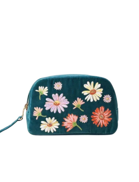 Elizabeth Scarlett Velvet Cosmetic Bag mini Green Flowers Оксамитова косметичка міні, зелена з квітами