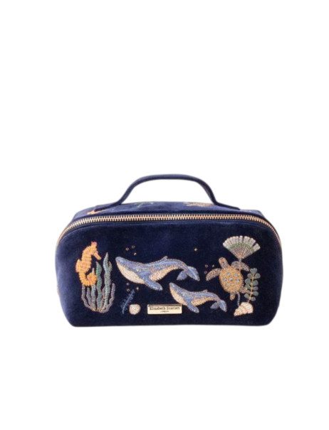 Elizabeth Scarlett Velvet Cosmetic Bag Blue Whales Underwater Оксамитова косметичка, синя з китами у підводному світі