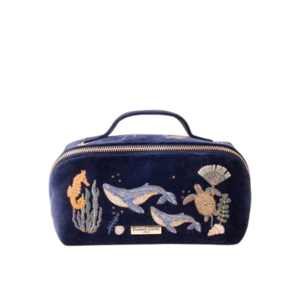 Elizabeth Scarlett Velvet Cosmetic Bag Blue Whales Underwater Оксамитова косметичка, синя з китами у підводному світі