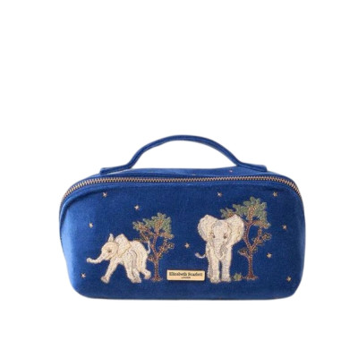 Elizabeth Scarlett Velvet Cosmetic Bag Blue Elephants Бархатная косметичка, синяя со слониками