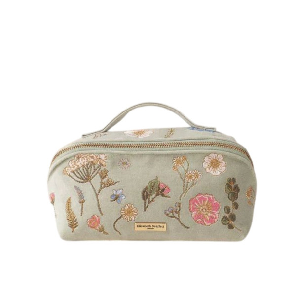Elizabeth Scarlett Velvet Cosmetic Bag Green Flowers Оксамитова косметичка, зелена з квітами