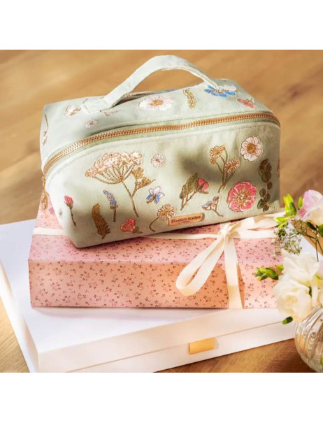 Elizabeth Scarlett Velvet Cosmetic Bag Green Flowers Оксамитова косметичка, зелена з квітами