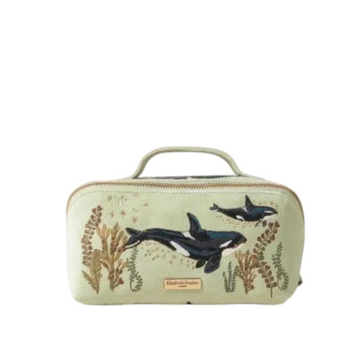 Elizabeth Scarlett Velvet Cosmetic Bag Green Whales Оксамитова косметичка, зелена з китами
