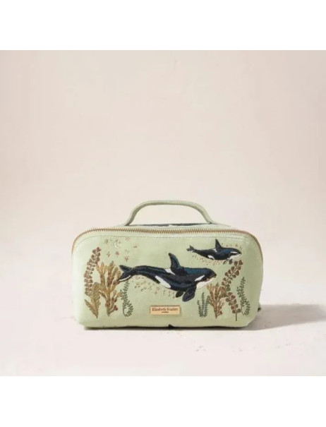 Elizabeth Scarlett Velvet Cosmetic Bag Green Whales Оксамитова косметичка, зелена з китами