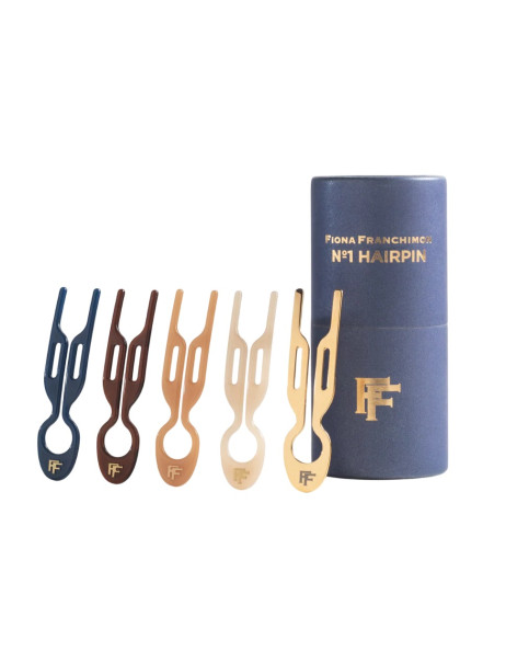Fiona Franchimon No. 1 Hairpin Set Amsterdam Collection Soft Beige, Satin Sand, Royal Blue, Brown, Yellow Gold Steel 5 per box Набор из 5-ти шпилек в тубусе
