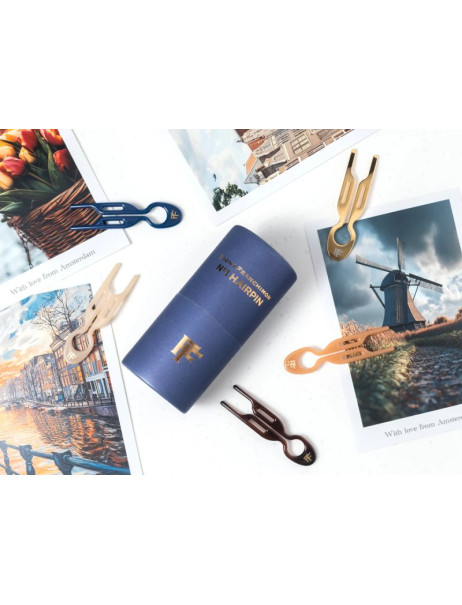 Fiona Franchimon No. 1 Hairpin Set Amsterdam Collection Soft Beige, Satin Sand, Royal Blue, Brown, Yellow Gold Steel 5 per box Набор из 5-ти шпилек в тубусе