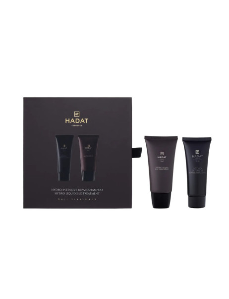 Hadat Cosmetics Mini Duo Set Hydro Intensive Repair Shampoo & Hydro Liquid Silk Treatment Подарунковий міні-набір для відновлення волосся