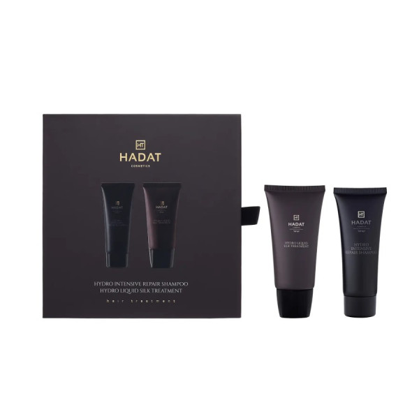 Hadat Cosmetics Mini Duo Set Hydro Intensive Repair Shampoo & Hydro Liquid Silk Treatment Подарунковий міні-набір для відновлення волосся 