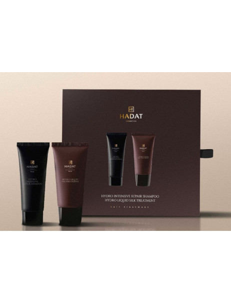 Hadat Cosmetics Mini Duo Set Hydro Intensive Repair Shampoo & Hydro Liquid Silk Treatment Подарунковий міні-набір для відновлення волосся