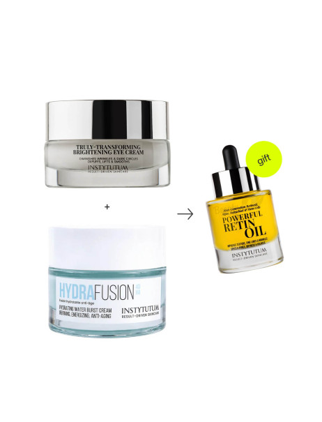 Instytutum HydraFusion 4D Hydrating Water Burst Cream & Truly-Transforming Brightening Eye Cream & Powerful RetinOil Концентрована олія з ретинолом в подарунок