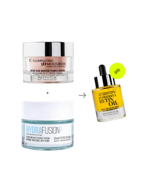 Instytutum C-Illuminating 3D Moisturizer & HydraFusion 4D Hydrating Water Burst Cream & Powerful RetinOil Концентрована олія з ретинолом в подарунок