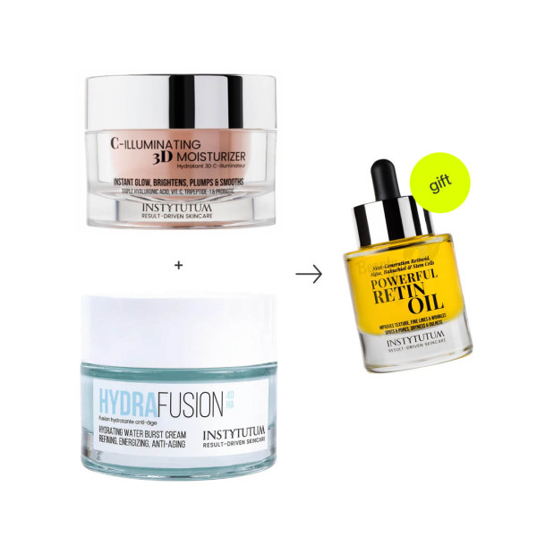 Instytutum C-Illuminating 3D Moisturizer & HydraFusion 4D Hydrating Water Burst Cream & Powerful RetinOil Концентрована олія з ретинолом в подарунок