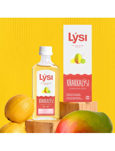 Lysi Icelandic Kids Cod Liver Oil Омега-3 из трески и тунца DHA + витамины A, D, E со вкусом лимона и манго