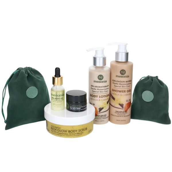 Mesonia Set 22 mini Luxury SPA Body Care with Exfoliation & Aromatherapy Набор 22 мини Роскошный SPA для ухода за телом с пилингом и ароматерапией
