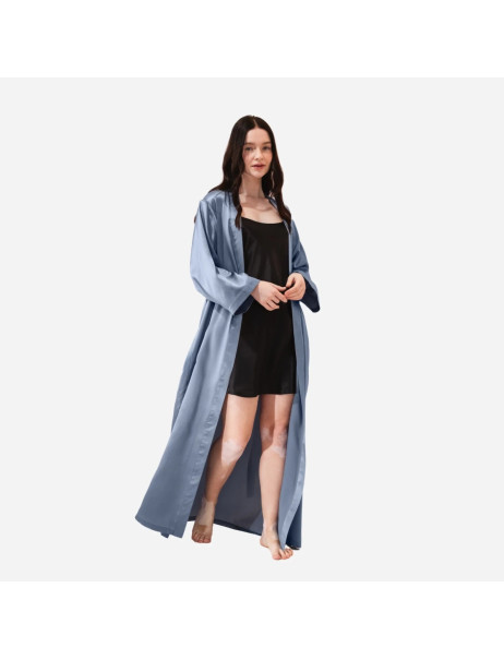 MOLODO Silk Kimono Robe Long Blue Шелковый кимоно халат длинный, голубой
