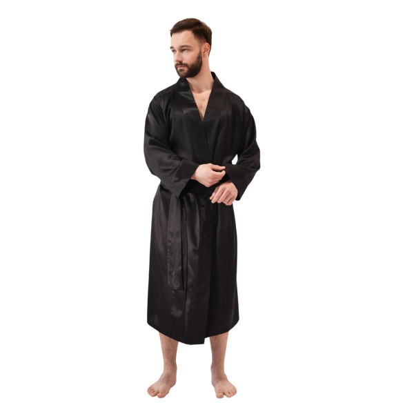 MOLODO Silk Men's Kimono Robe Long Black Чоловічий шовковий кімоно халат, чорний