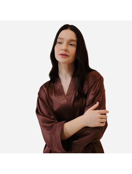 MOLODO Silk Kimono Robe Long Brown Шелковый кимоно халат длинный, коричневый