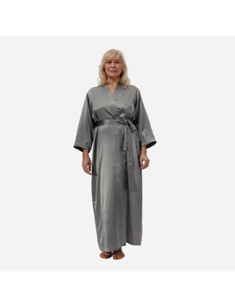 MOLODO Silk Kimono Robe Long Stone Grey Шелковый кимоно халат длинный, серый