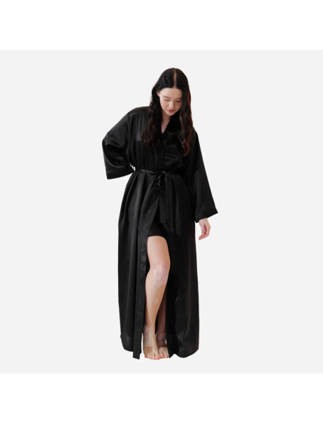 MOLODO Silk Kimono Robe Long Black Шелковый кимоно халат длинный, черный
