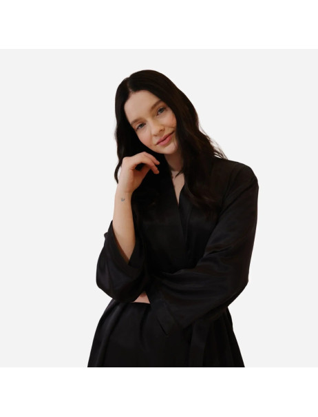 MOLODO Silk Kimono Robe Long Black Шелковый кимоно халат длинный, черный