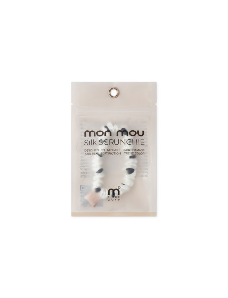 Mon Mou Silk Slim Scrunchie Black Point Тонкая резинка из натурального шелка (Белая с черным горохом)
