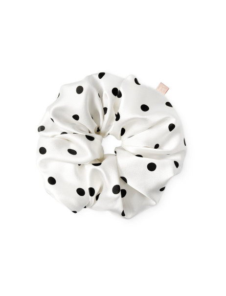 Mon Mou Volume Silk Scrunchie Black Point Суперобъемная резинка из натурального шелка (белая с черным горохом)
