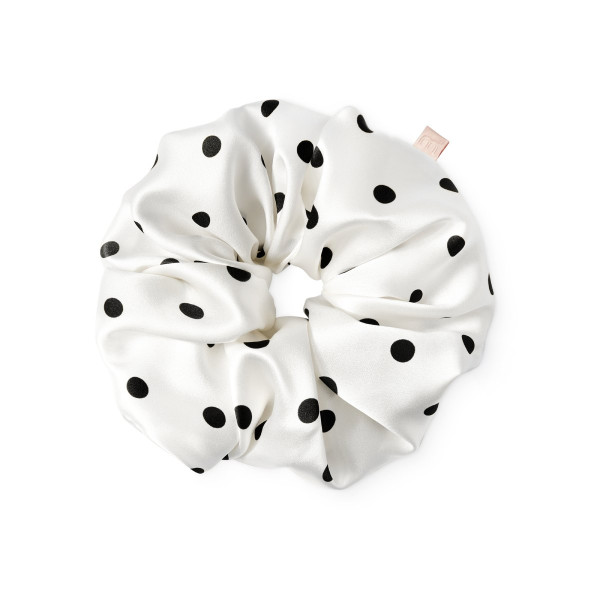 Mon Mou Volume Silk Scrunchie Black Point Супероб'ємна резинка з натурального шовку (біла з чорним горохом)
