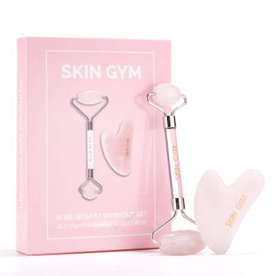 Skin Gym Rose Quartz Workout Set Набор для массажа лица Роллер + скребок Гуаша из розового кварца