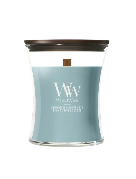 WoodWick Cedarwood & Ocean Moss Medium Ароматическая свеча с нотами кедра и океанического мха Средняя