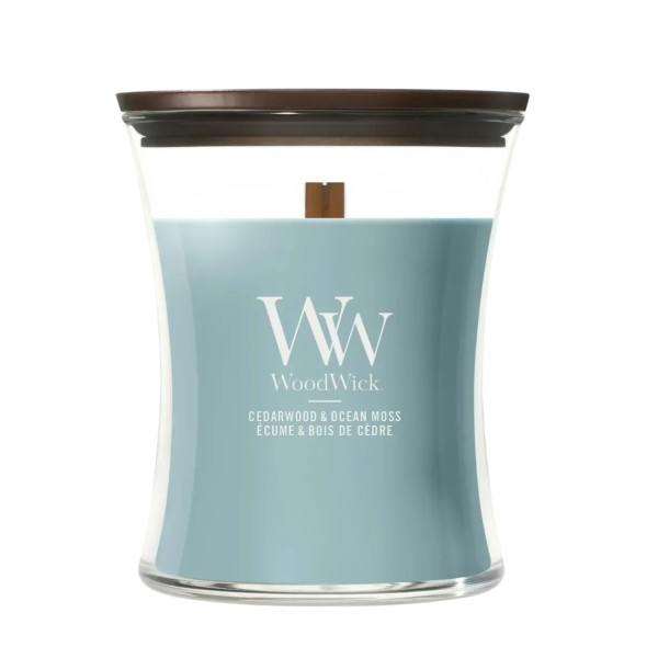 WoodWick Cedarwood & Ocean Moss Medium Ароматическая свеча с нотами кедра и океанического мха Средняя