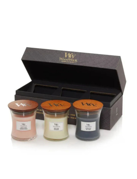 WoodWick Evening Onyx, Coastal Sunset, Solar Ylang Mini Набор свечей