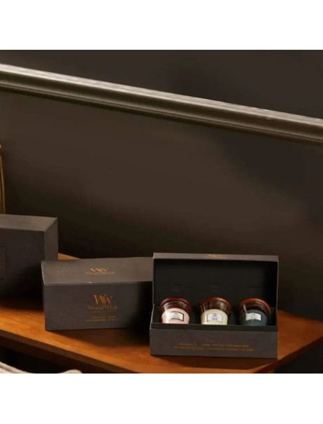 WoodWick Evening Onyx, Coastal Sunset, Solar Ylang Mini Набор свечей
