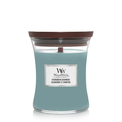 WoodWick Evergreen Cashmere Medium Ароматическая свеча с нотами сосны, свежего воздуха и кашемира Средняя