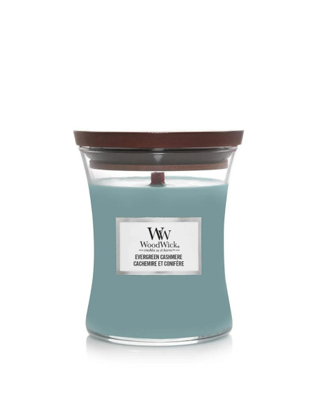 WoodWick Evergreen Cashmere Medium Ароматическая свеча с нотами сосны, свежего воздуха и кашемира Средняя