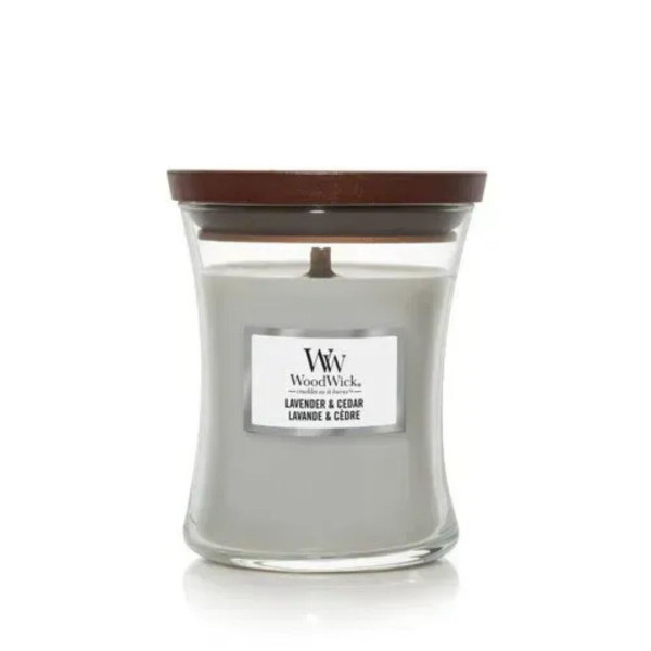 WoodWick Lavender & Cedar Medium Ароматична свічка з ароматом кипариса, перцю і лимону Середня