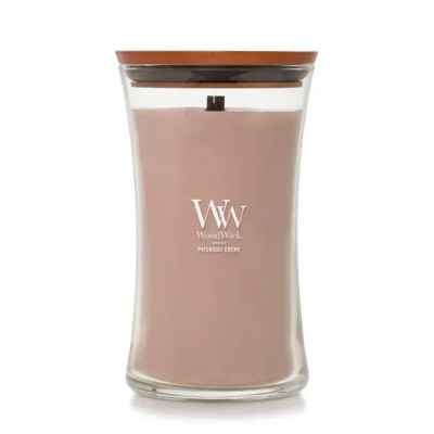 WoodWick Patchouli Crème Large Ароматическая свеча с какао и копченым кашемиром Большая
