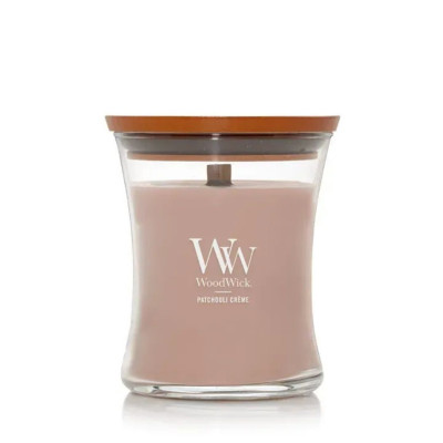 WoodWick Patchouli Crème Medium Ароматическая свеча с какао и копченым кашемиром Средняя