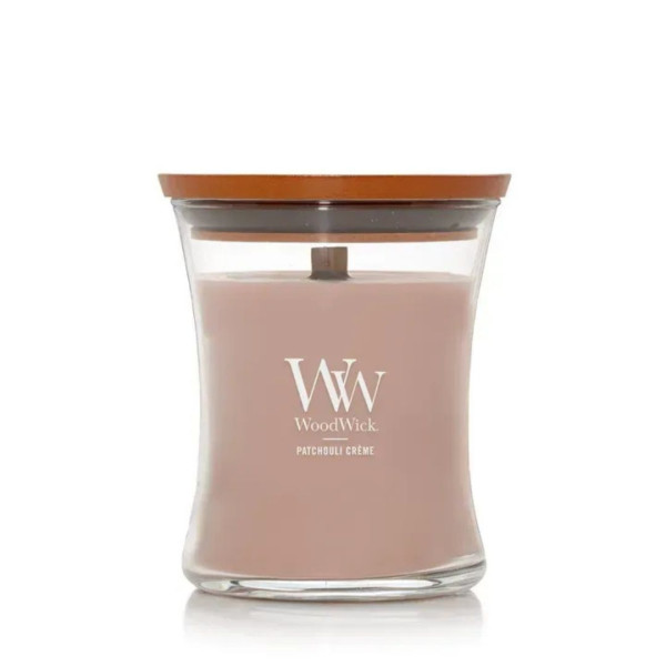WoodWick Patchouli Crème Medium Ароматична свічка з какао та копченим кашеміром Середня