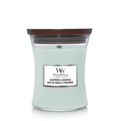 WoodWick Sagewood & Seagrass Medium Ароматическая свеча с нотами шалфея, океана и кедра Средняя