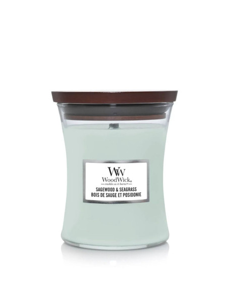 WoodWick Sagewood & Seagrass Medium Ароматична свічка з нотами шавлії, океану та кедра Середня