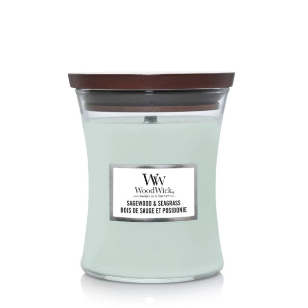 WoodWick Sagewood & Seagrass Medium Ароматична свічка з нотами шавлії, океану та кедра Середня