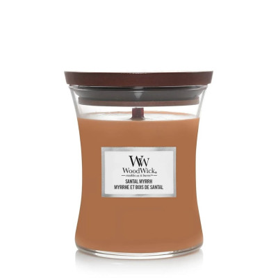 WoodWick Santal Myrrh Medium Ароматическая свеча с нотами красного дерева, эвкалипта и амбры Средняя