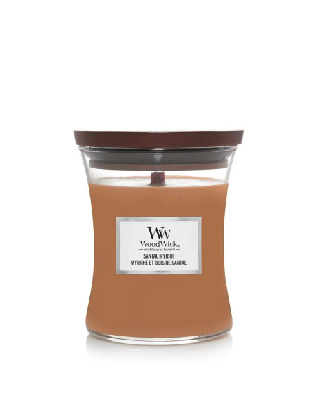 WoodWick Santal Myrrh Medium Ароматическая свеча с нотами красного дерева, эвкалипта и амбры Средняя