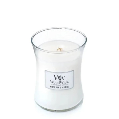 WoodWick White Tea & Jasmine Medium Ароматическая свеча с нежным ароматом Средняя