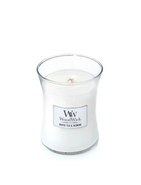 WoodWick White Tea & Jasmine Medium Ароматична свічка з ніжним ароматом Середня