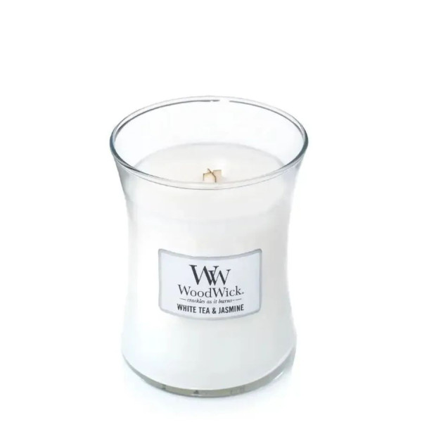 WoodWick White Tea & Jasmine Medium Ароматична свічка з ніжним ароматом Середня