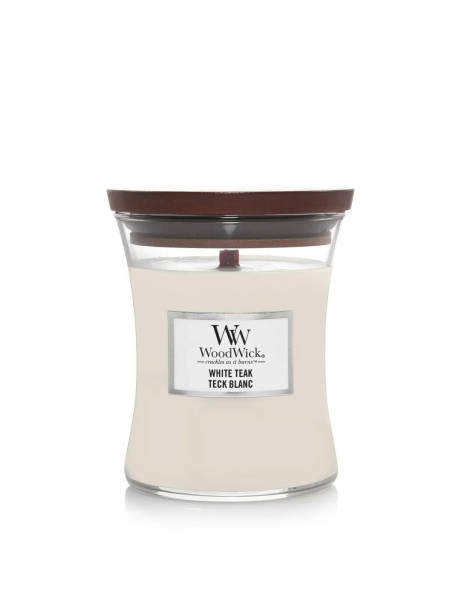 WoodWick White Teak Medium Ароматична свічка з ароматом сандалового дерева і дуба Середня