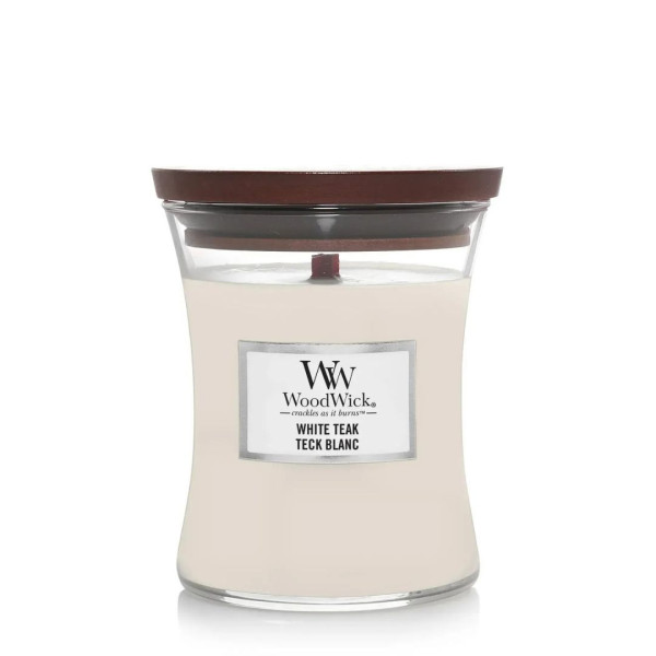 WoodWick White Teak Medium Ароматична свічка з ароматом сандалового дерева і дуба Середня